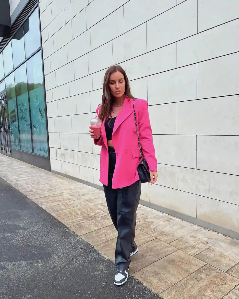 Hot Pink Blazer with Black Trousers and Sneakers Outfit