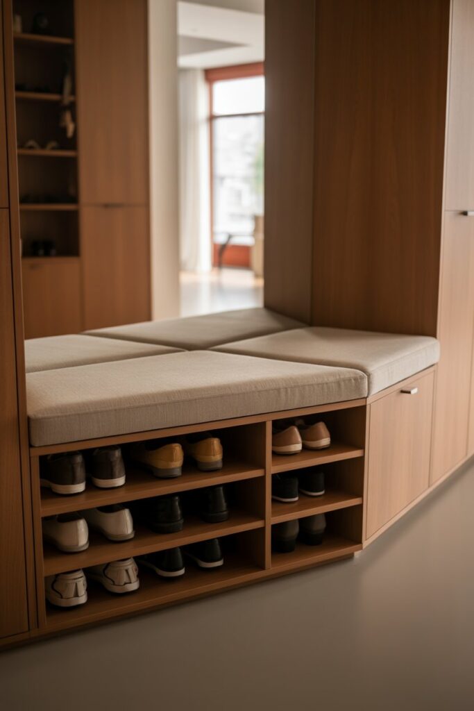 3. Corner Hidden Shoe Storage Bench with Lift-Up Seating