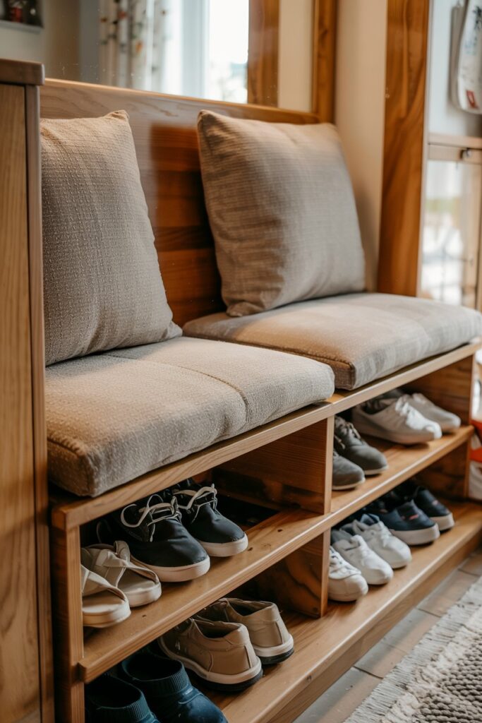 14. Hidden Shoe Storage Bench with Upholstered Flip-Up Cushions