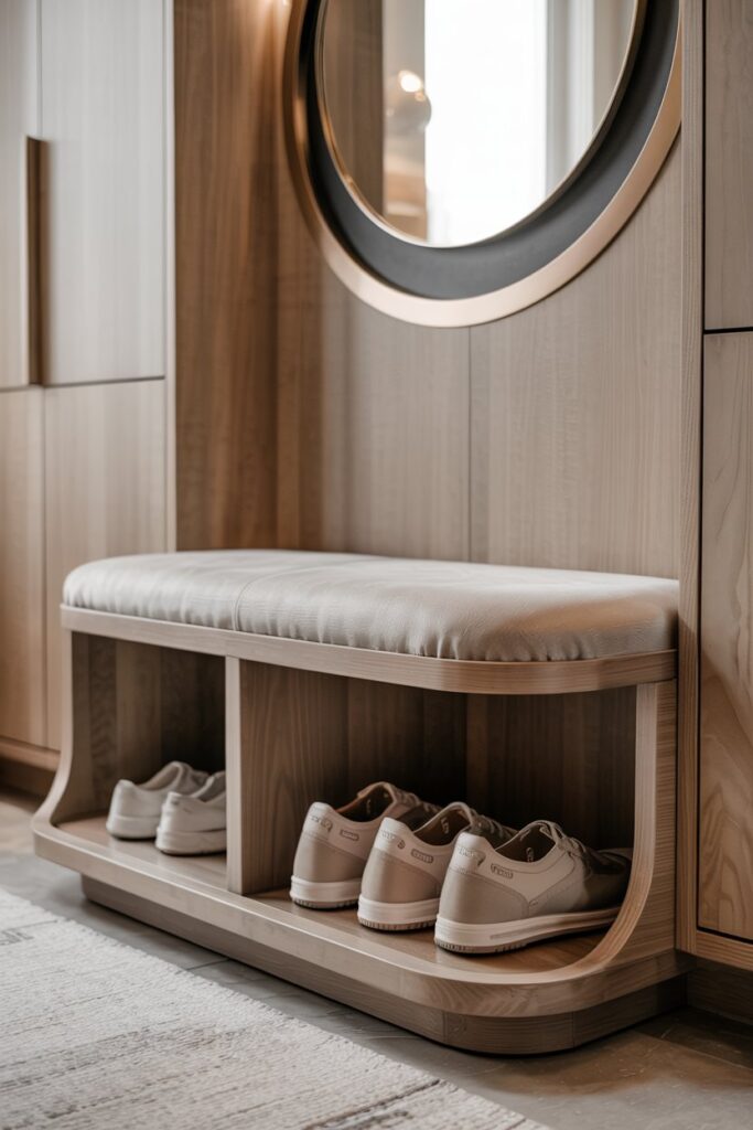 11. Hidden Shoe Storage Bench with Curved Edge Design