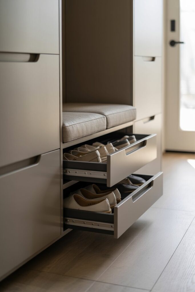 7. Hidden Shoe Bench with Under-Seat Pull-Out Trays