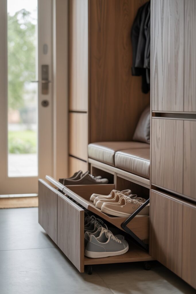 1. Hidden Shoe Storage Bench with Flip-Down Front Panels