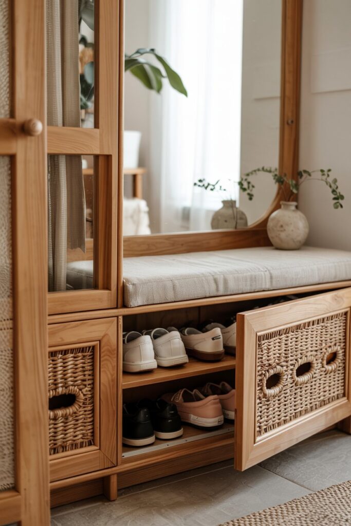 9. Hidden Shoe Storage Bench with Cane Front Cabinets