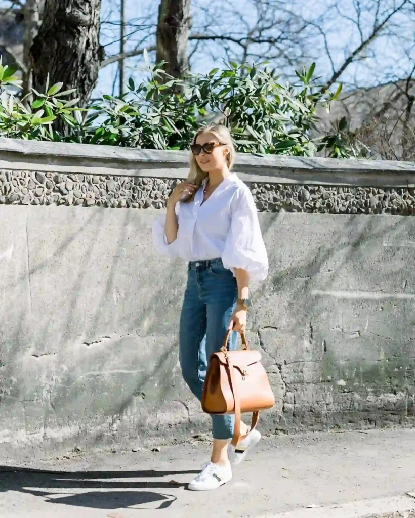 White Shirt with Blue Jeans and White Sneakers