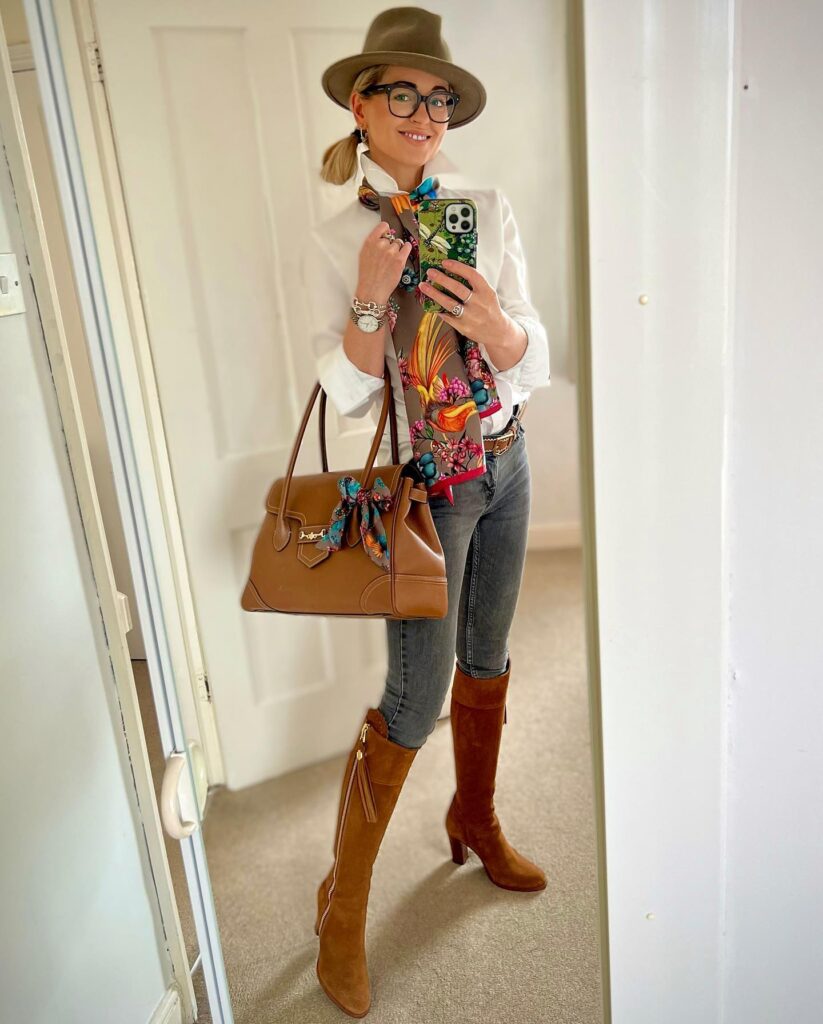 White Shirt with Skinny Jeans and Brown Heeled Boots