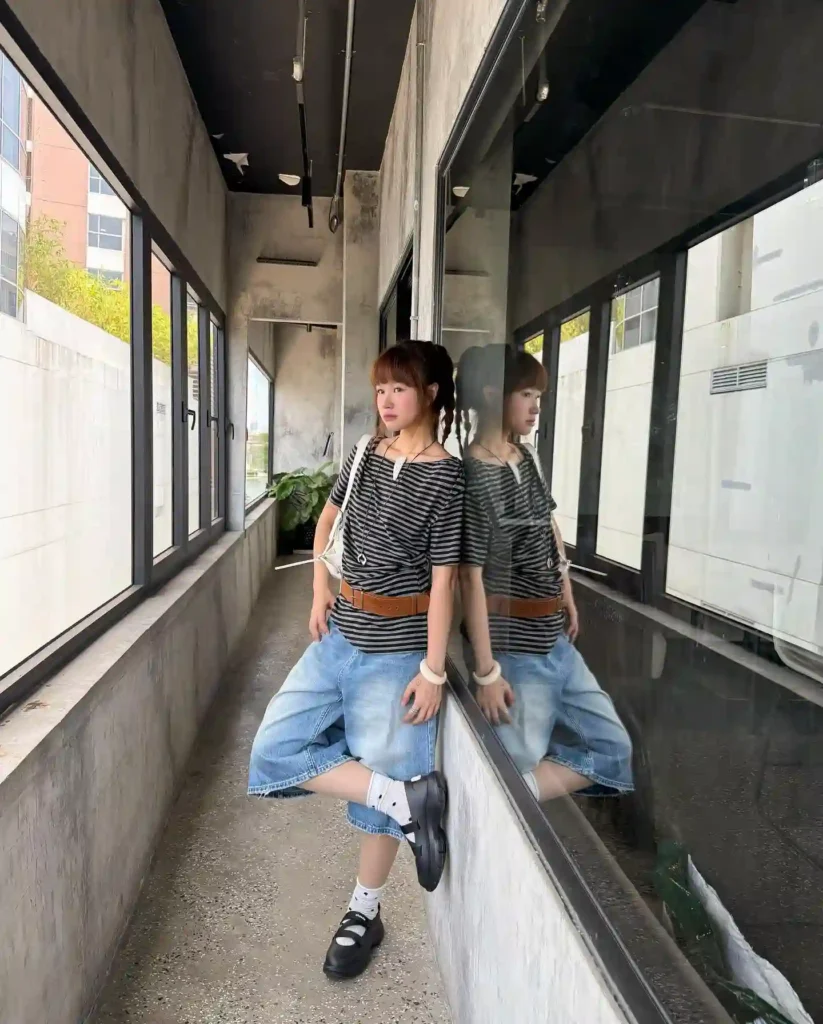 Striped Tee with Denim Midi Skirt Ballet Sneakers Outfit
