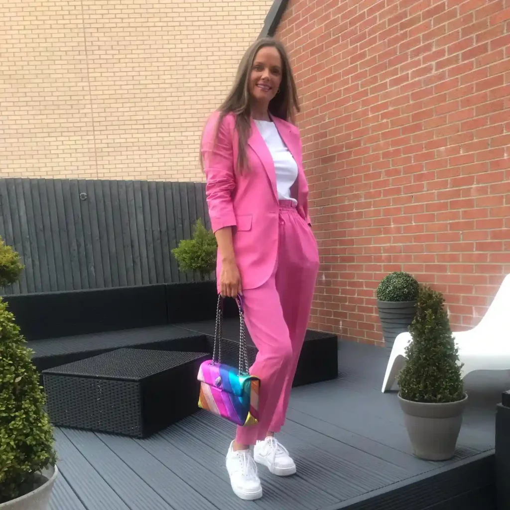Pink Blazer with Matching Pants and Sneakers Outfit