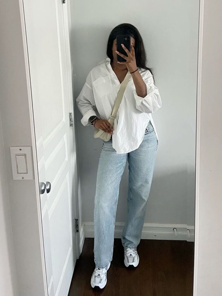 Oversized White Shirt with Light Jeans and New Balance 530 Outfit