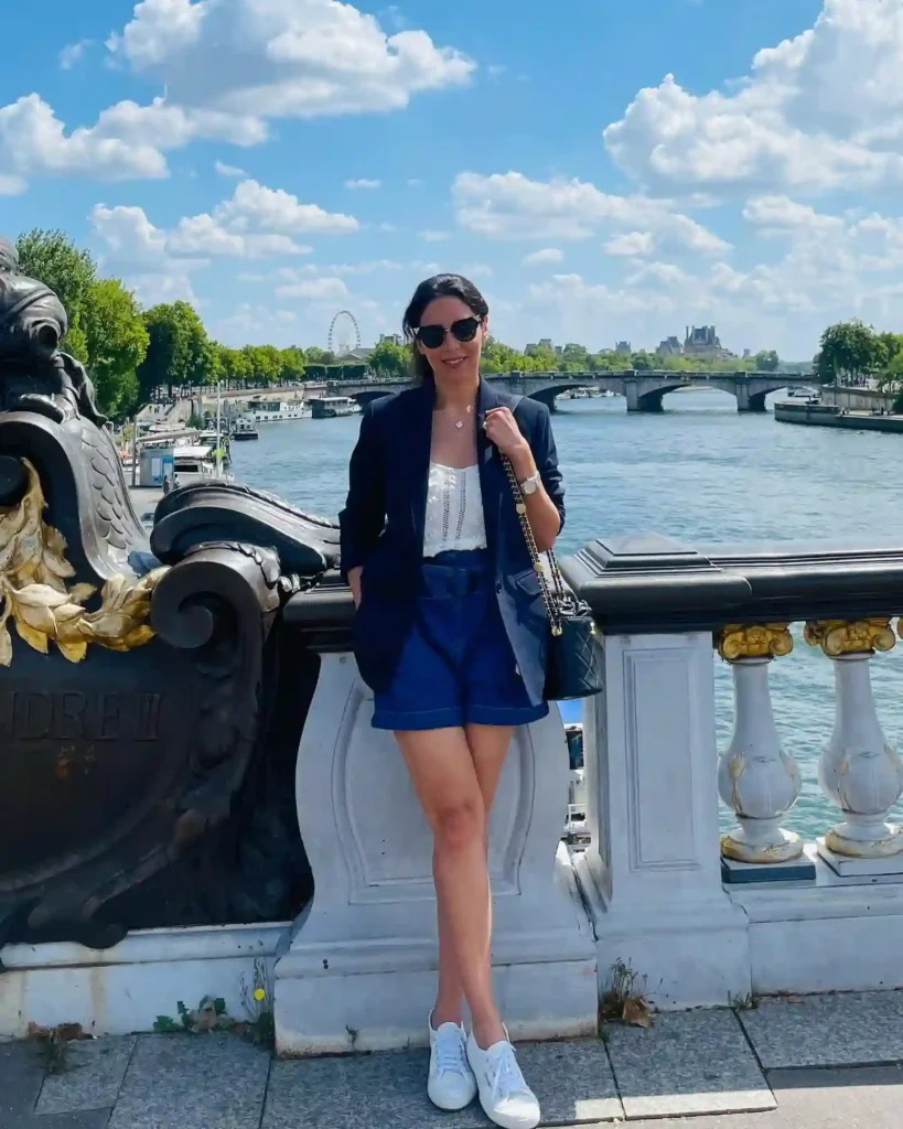 Navy Blazer with Shorts and White Sneakers Outfit