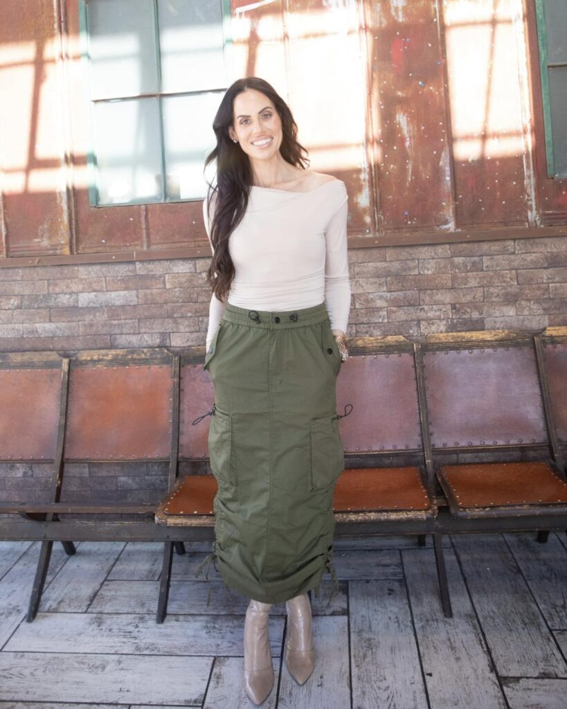 Off-Shoulder Top with Cargo Midi Skirt and Heeled Boots