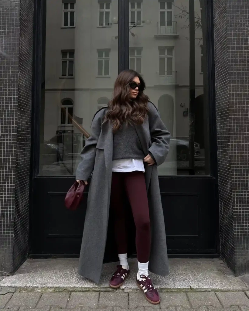 Burgundy Samba with Long Coat and Leggings Outfit