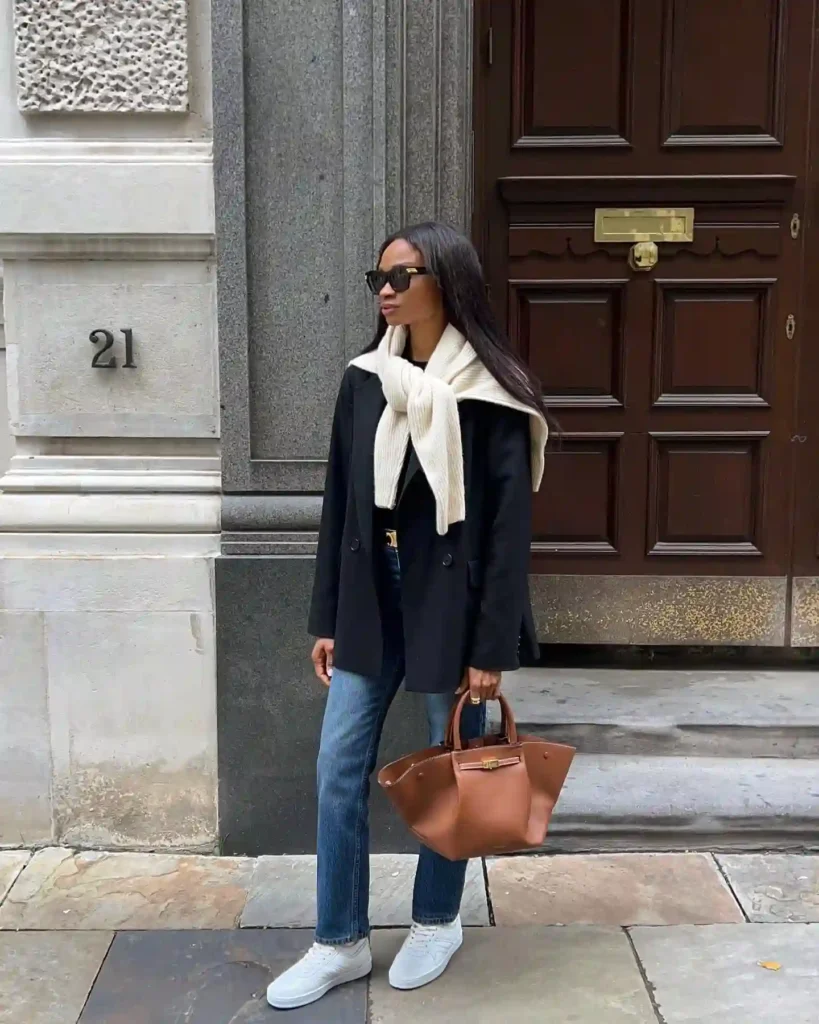 Black Blazer with Blue Jeans and White Sneakers Outfit