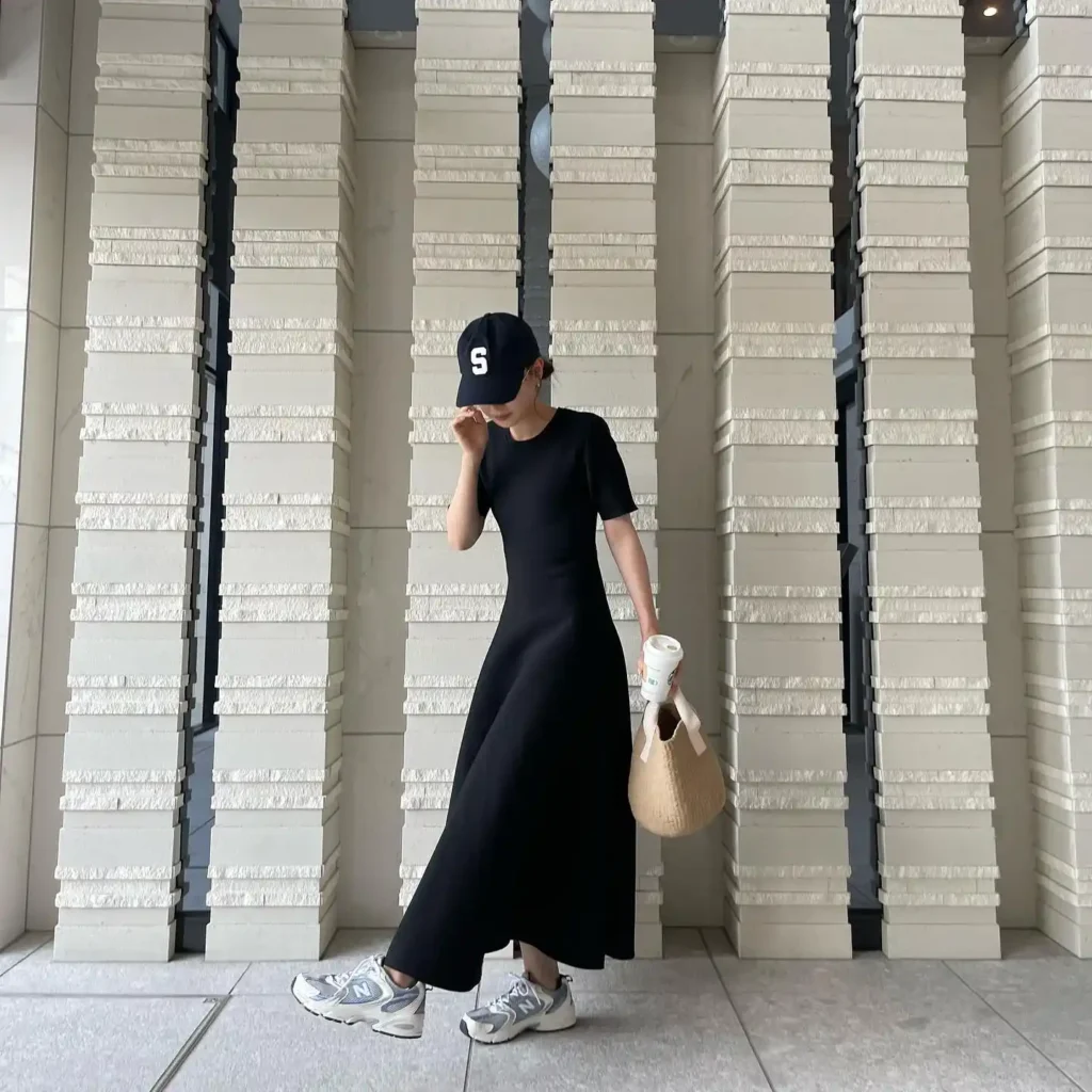 Black Maxi Dress with New Balance 530 Summer Outfit