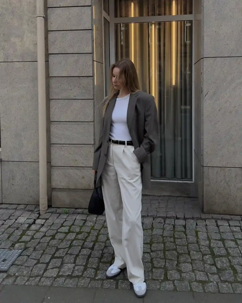 Grey Blazer with White Pants and Sneakers Outfit