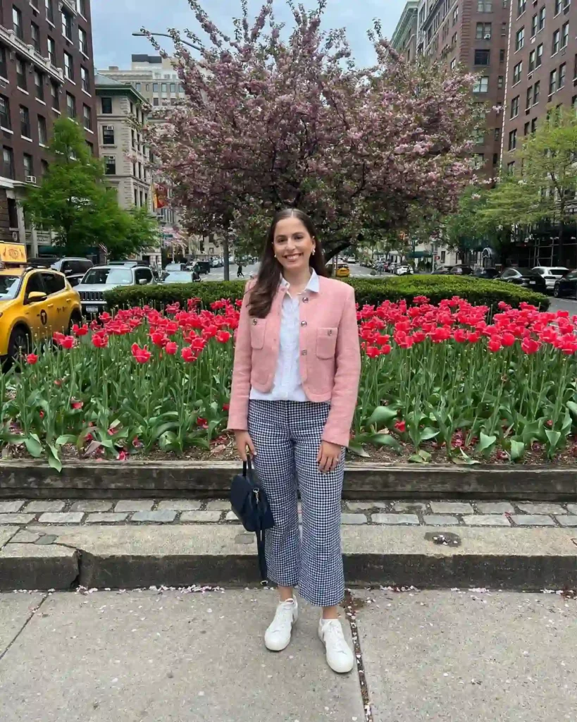 Pink Jacket with Checked Pants and White Sneakers Office Outfit