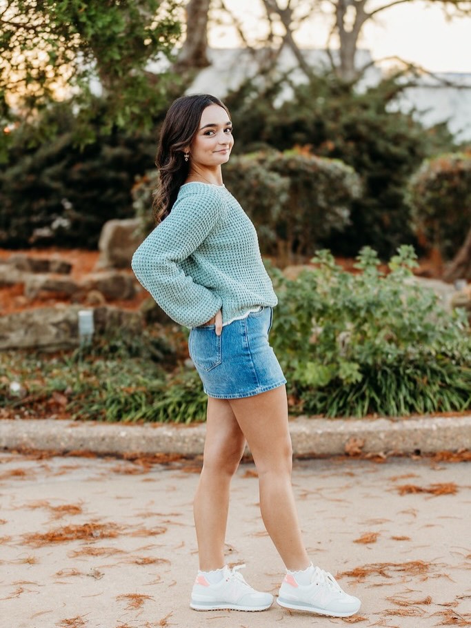 Mint Sweater with Denim Mini Skirt and Pink New Balance Shoes