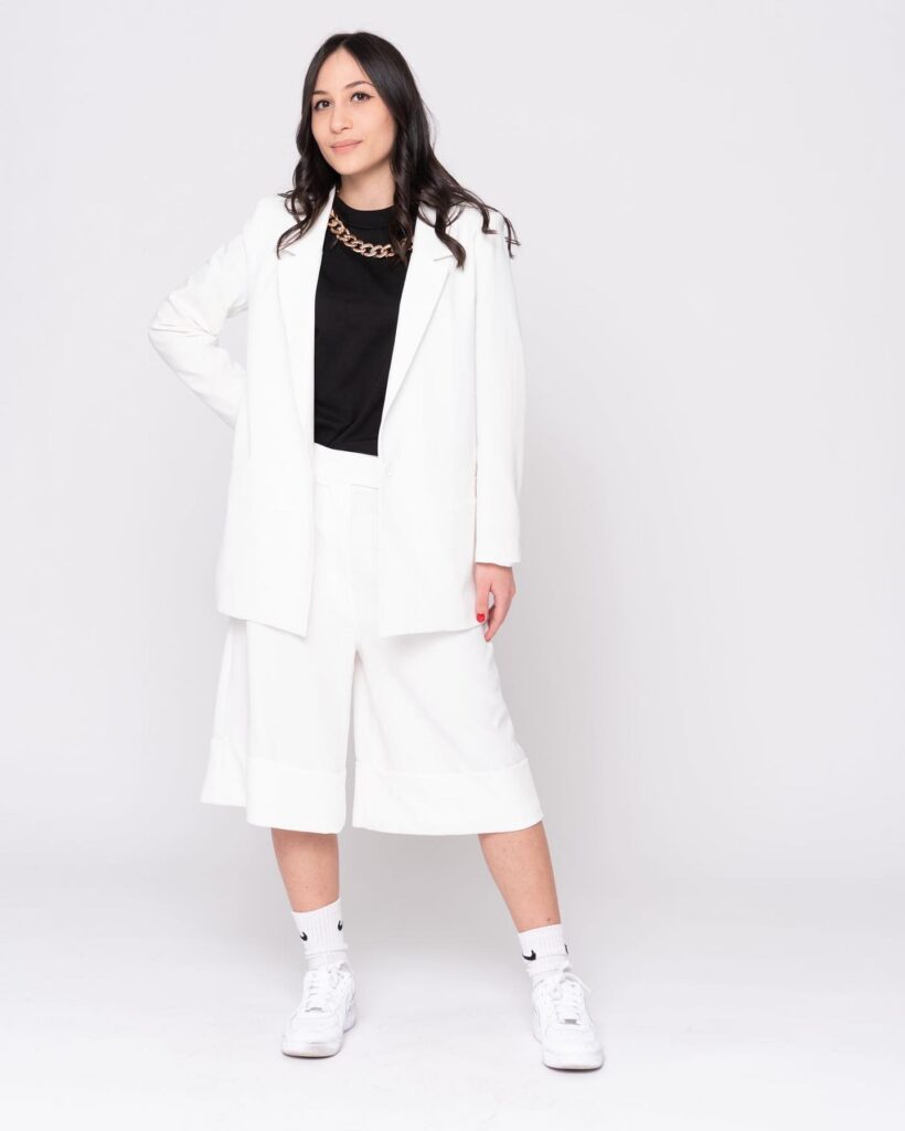 White Blazer with Culotte Pants and Sneakers