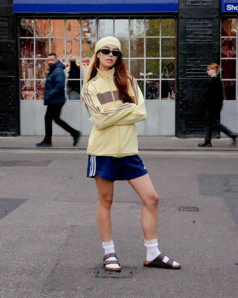 Track Jacket with Athletic Shorts and Birkenstocks