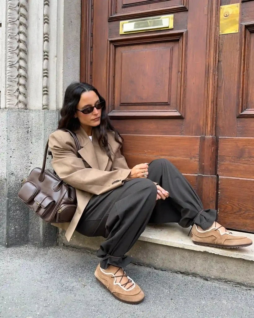 Oversized Blazer with Relaxed Trousers Ballet Sneakers Outfit