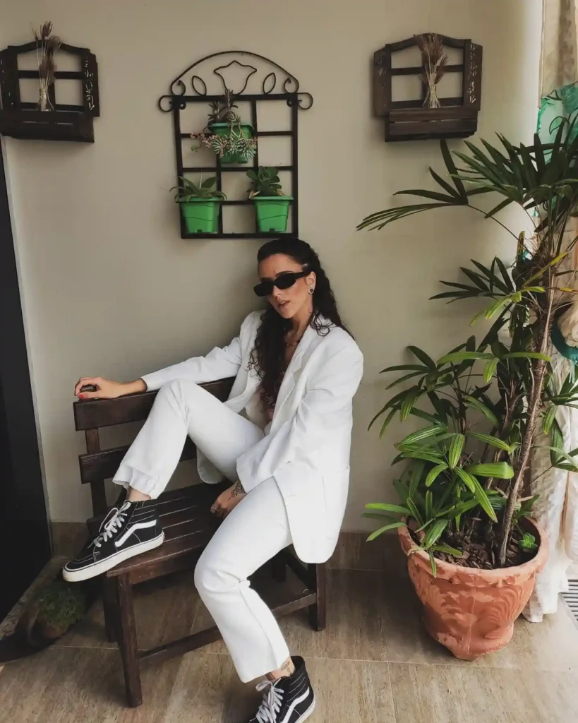 White Blazer Set with Black High-Top Sneakers