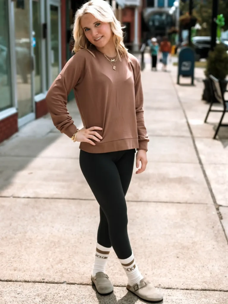 Brown Sweatshirt with Black Leggings and Birkenstocks