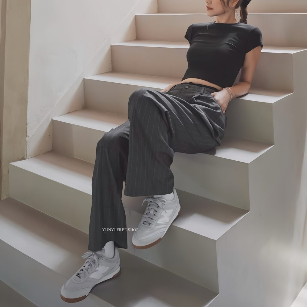 Black Fitted Tee with Pinstripe Trousers New Balance RC42 Outfit