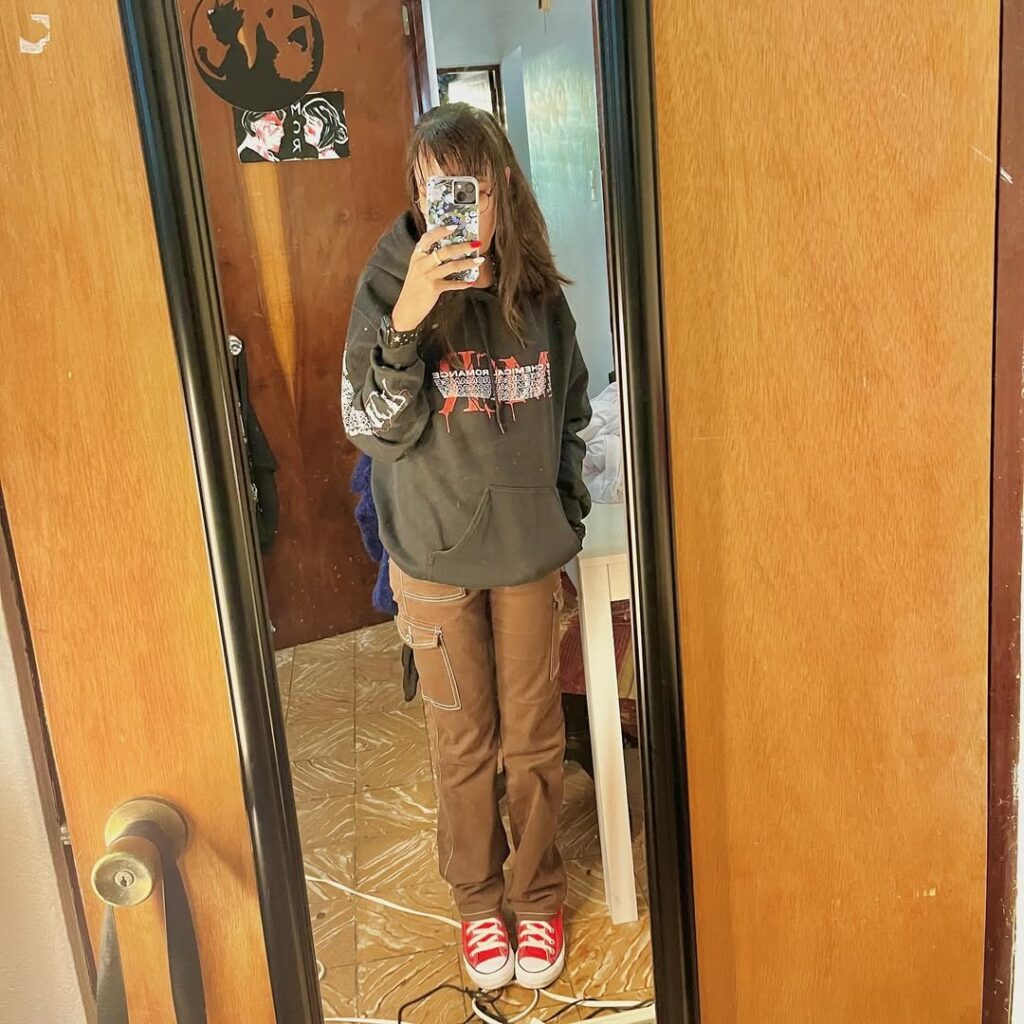Oversized Black Hoodie with Brown Cargo Pants and Red Converse