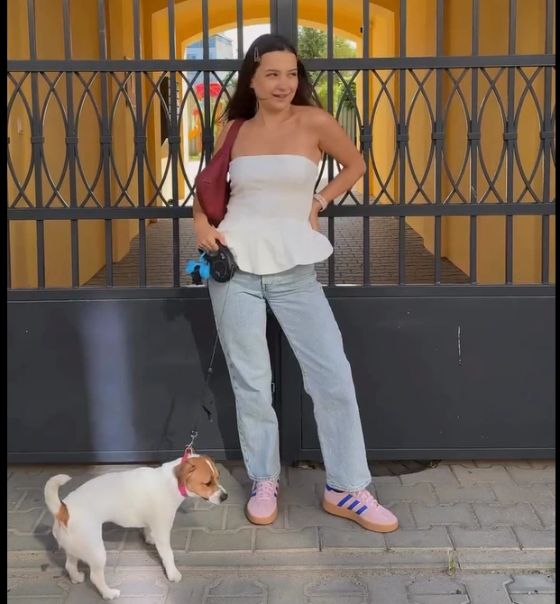 White Peplum Top with Light Wash Jeans Adidas Barreda Outfit