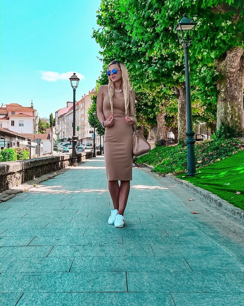 Nude Bodycon Dress with Nike Cortez
