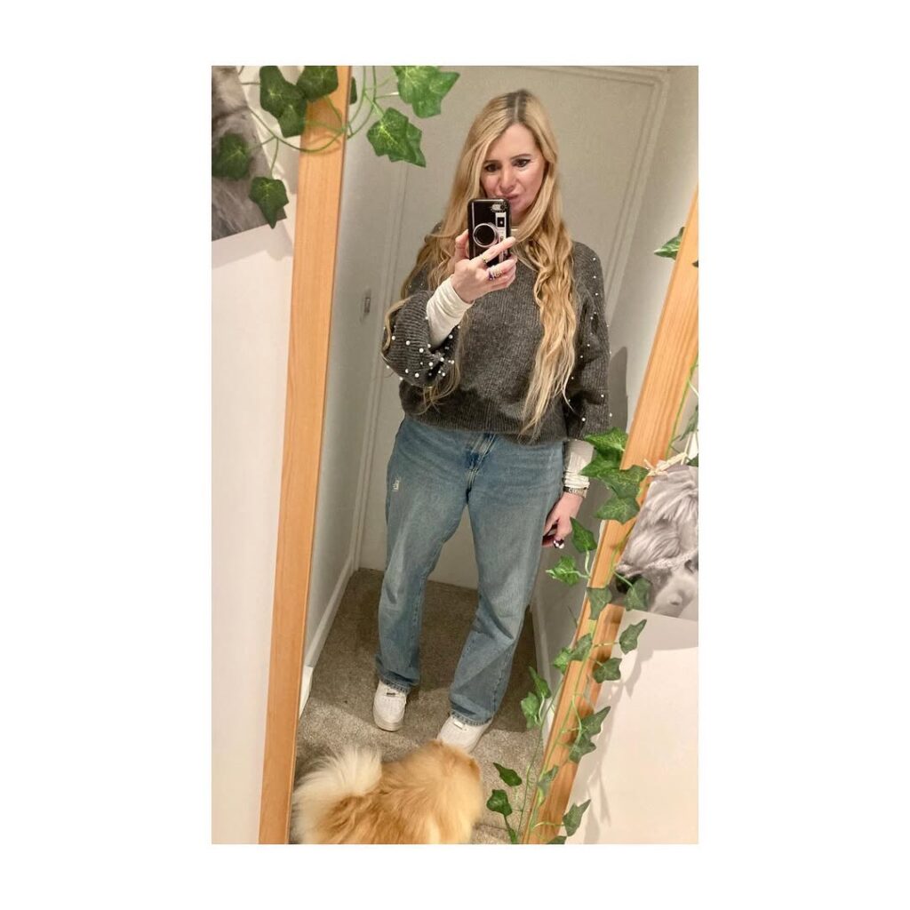 Pearl Embellished Sweater with Relaxed Jeans and Air Force 1 Outfit