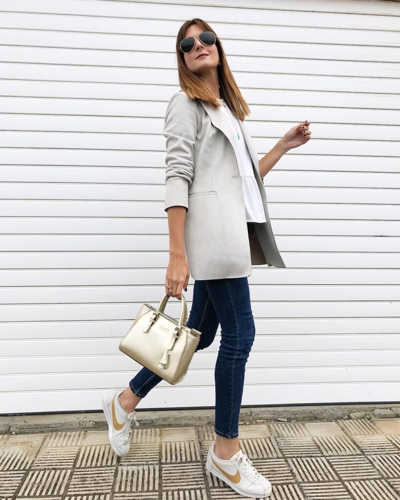 Long Grey Blazer with Skinny Jeans and Nike Cortez
