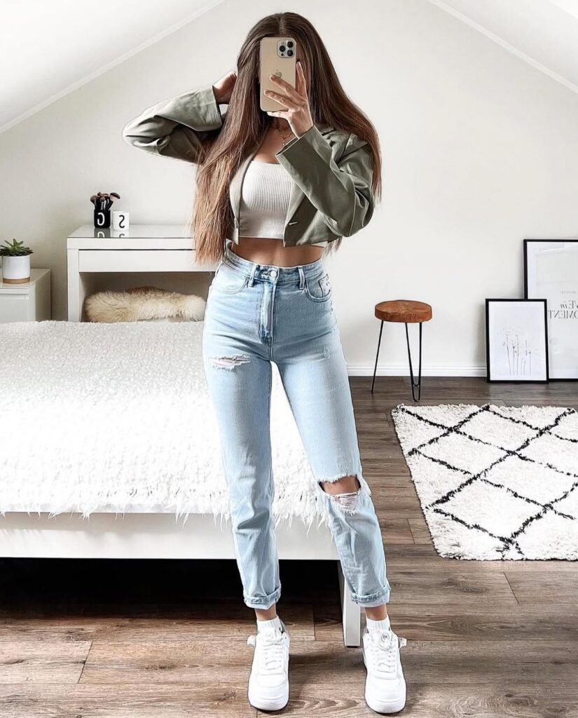 Olive Cropped Jacket with Ripped Mom Jeans and Air Force 1 Outfit