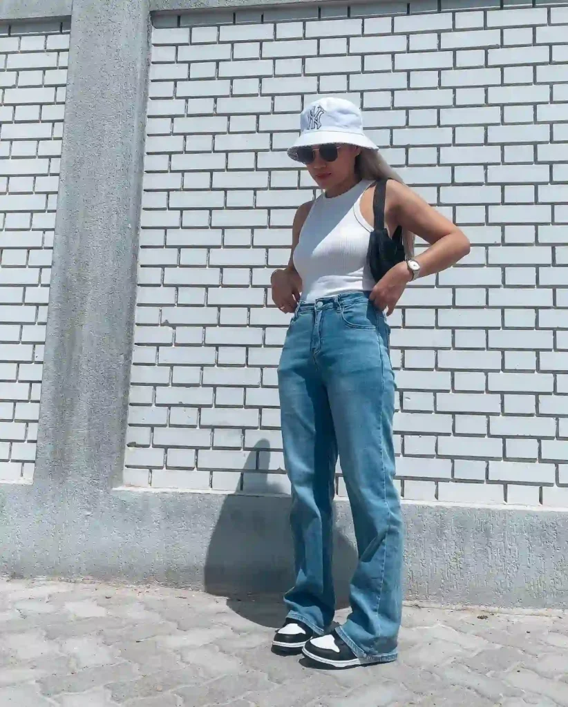 White Tank with Wide-Leg Jeans, Bucket Hat and Panda Nike Dunk Low
