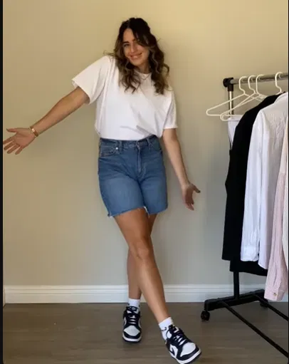 White Tee with Denim Shorts and Panda Nike Dunk Low