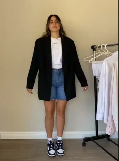 Oversized Black Blazer with Denim Shorts