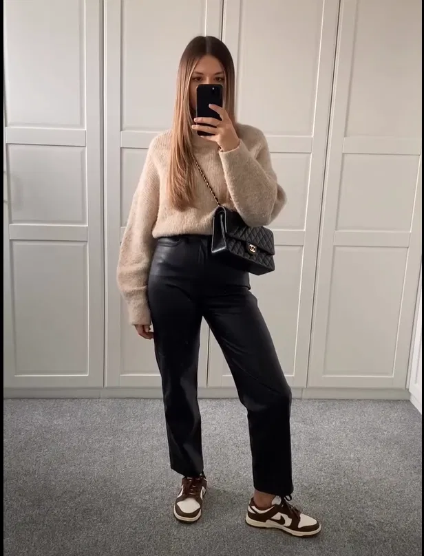 Beige Knit with Leather Trousers and Brown Dunks