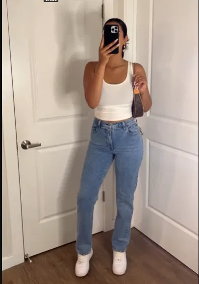 White Tank Top with Straight-Leg Jeans and Air Force 1 Outfit