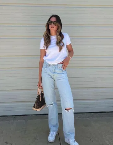 White Tee with Wide-Leg Ripped Jeans and Air Force 1 Outfit