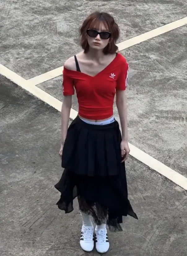 Red Adidas Top with Black Layered Skirt and White Adidas Taekwondo