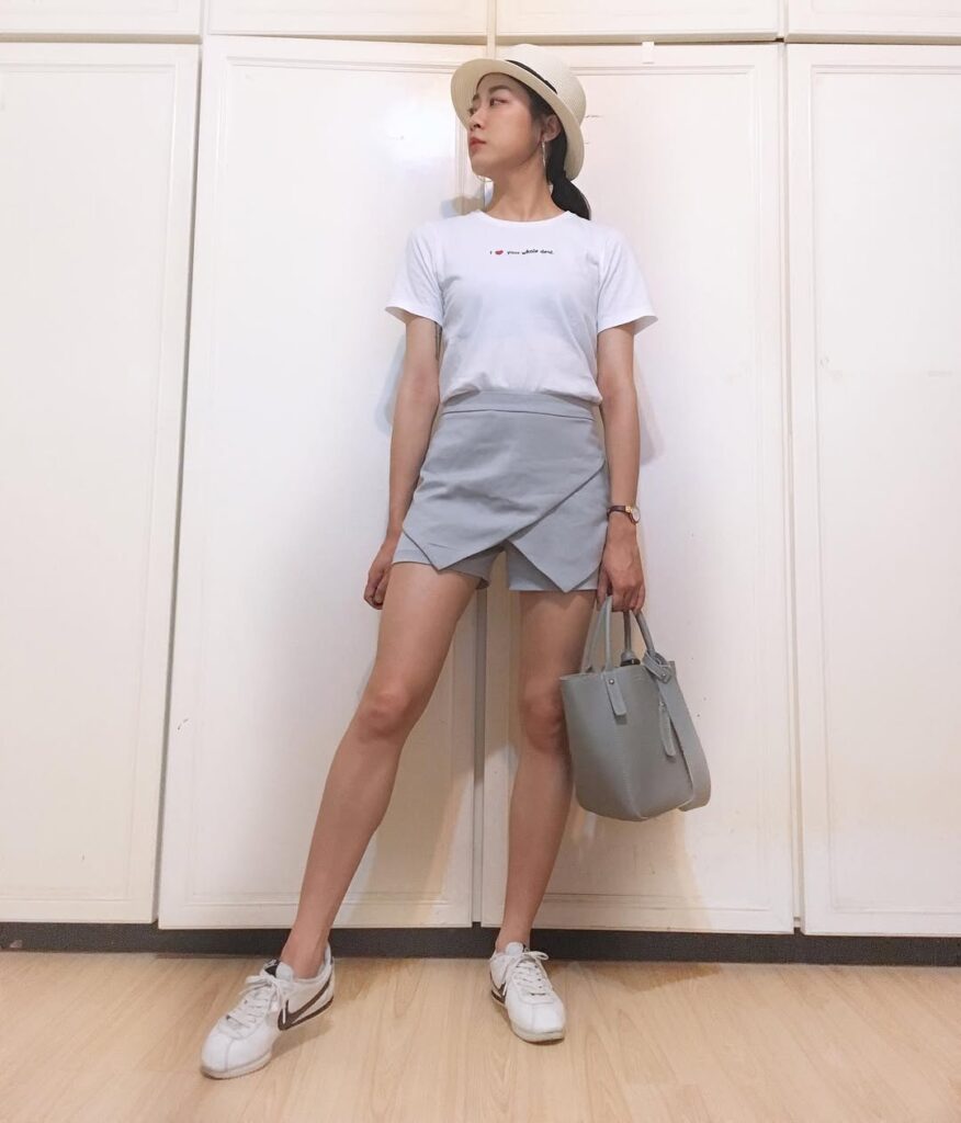 White Tee with Grey Skort and Nike Cortez