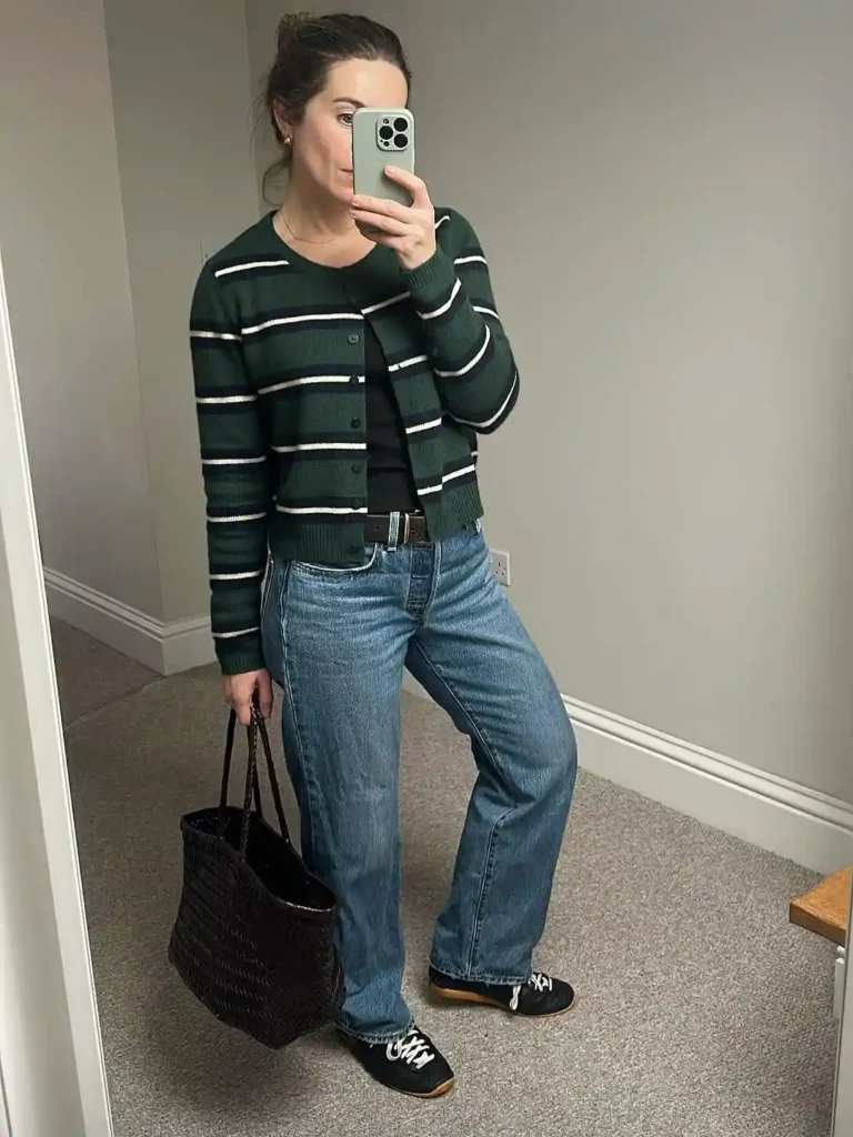 Green Striped Cardigan with Light Wash Jeans