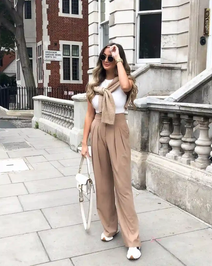 Neutral Wide-Leg Trousers with White Sneakers Going Out Fall Outfit