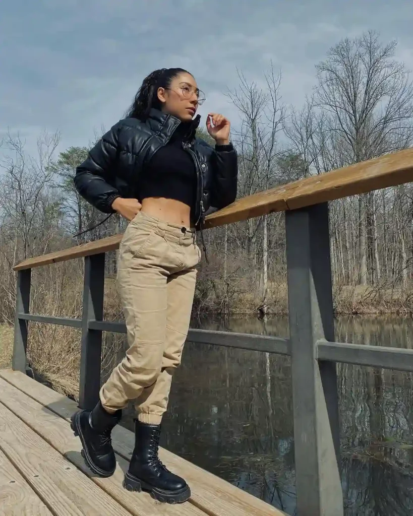 Black Puffer Jacket with Cargo Pants and Combat Boots Fall Outfit