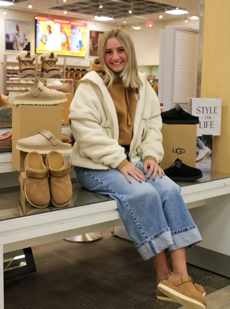Chestnut Goldenstar Clogs with Cuffed Jeans and Sherpa Jacket