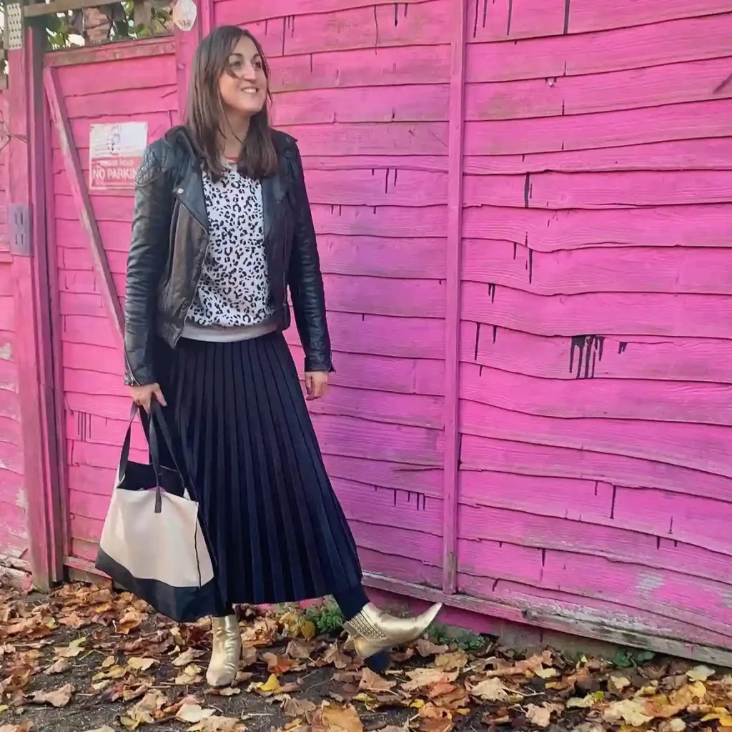 Leather Jacket with Pleated Skirt and Metallic Boots Fall Outfit for Work