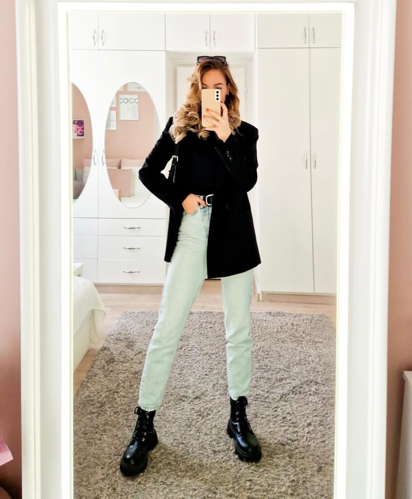 Black Blazer with Light Wash Jeans and Combat Boots Fall Outfit