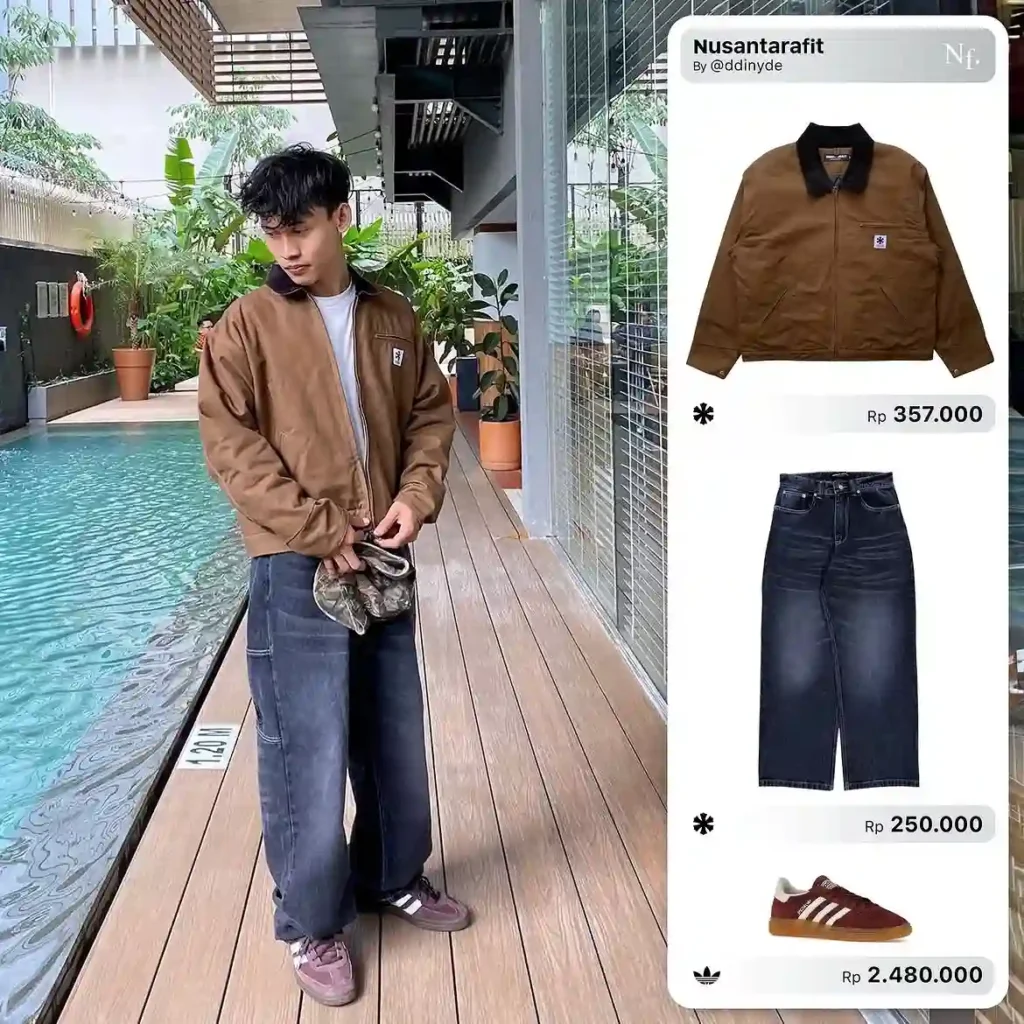 Brown Work Jacket with Wide-Leg Jeans and Burgundy Adidas Spezial