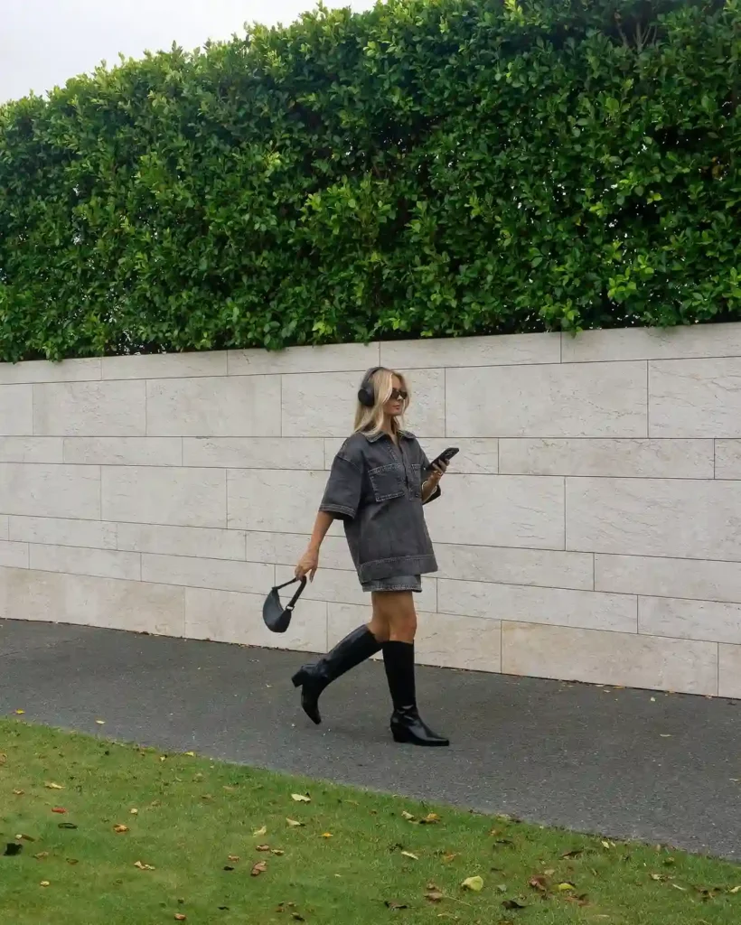Oversized Denim Jacket with Black Boots Fall Outfit