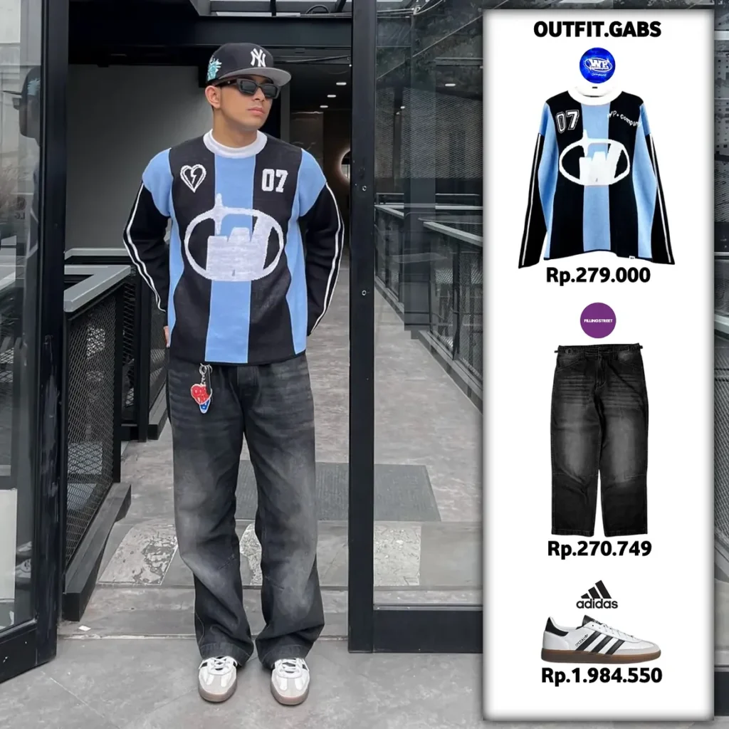 Color-Block Jersey with Faded Baggy Jeans and White Adidas Spezial