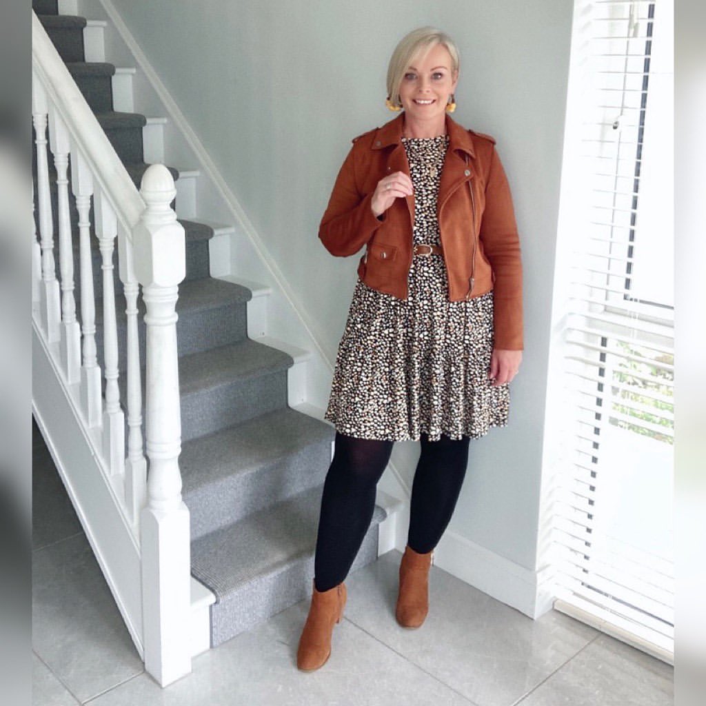 Printed Dress with Tan Biker Jacket and Ankle Boots